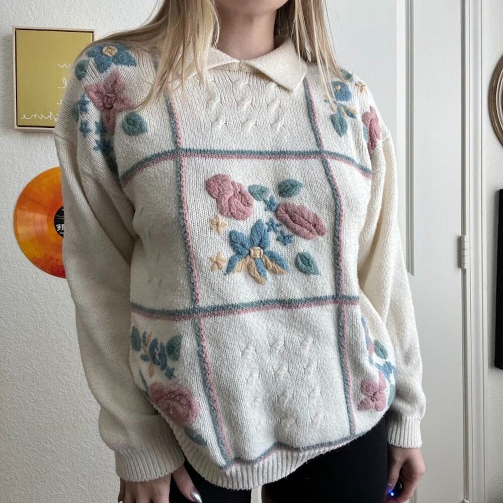 Vintage Alfred Dunner Collared Floral Knit Crewneck Sz L